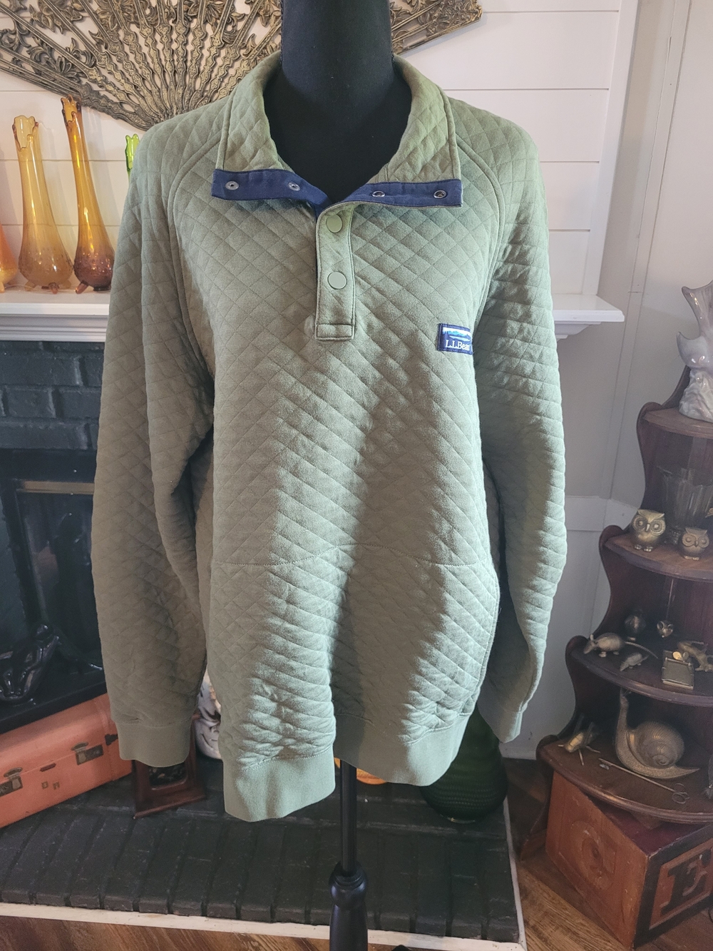 L.L.Bean Quilted Pullover Sweatshirt in Olive Green